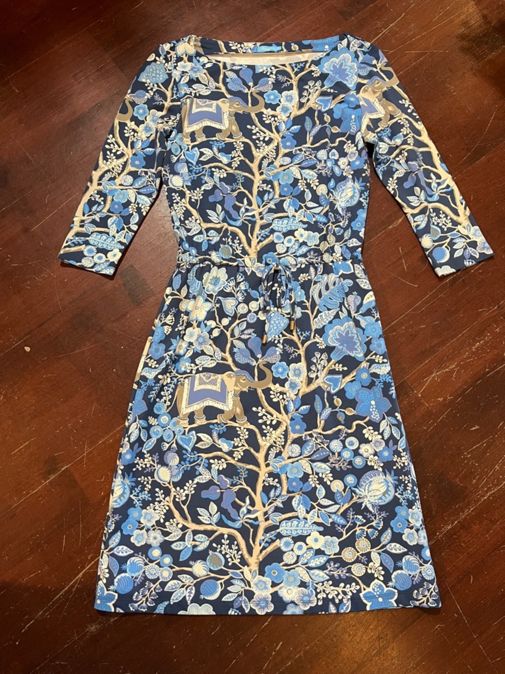 J. McLaughlin Navy and Light Blue Floral 3/4 Sleeve Drawstring Dress